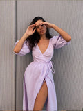 Yeknu  Jastie Summer V-neck Waist Cinched Dress Unique Lantern Sleeve Fashionable Sexy Slit Long Skirt Cotton Women's Casual Dresses