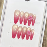 Yeknu  10pcs Handmade Long Almond Press on Nails Gradient French Cat Eye False Nails Pink Flower Design Fake Nails for Women Wearable