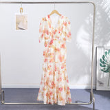 Yeknu  Summer Autumn Vacation Print Long Women's Dress Sexy Deep V-neck Split Short Puff Sleeve Pleated Female Robes Outwear New