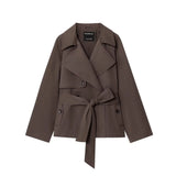 Yeknu  Women Lapel Lace Up Short Trench Coat Casual Full Sleeve Double Breasted Loose Cropped Windbreakers New Lady Commute Coats