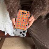 Yeknu  Autumn-Winter Retro Grid Orange Blue Plaid Stars Sliver Edge Cover Case for iPhone 14 15 16 17 Pro Max 13 Protective Phone Case