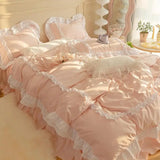 Yeknu  INS Korean Princess Bedding Kawaii Ruffle Lace Bed Skirt Duvet Cover Solid Color Queen Size For Girls Woman Home Textiles