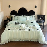 Yeknu  Romantic Lace Princess Black Bow Bedding Set Pink Korean Style Duvet/Comforter Cover Set Bed Sheet/Fitted Sheet Pillowcases 4Pcs