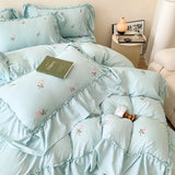 Yeknu  French Hepburn style 4-piece bed set, Korean princess lace washed cotton embroidery duvet set, bedsheet and bedsheet 3-piece set