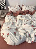 Yeknu Korean Style Ins Retro Fresh Floral Washed Cotton Bed Four Piece Duvet Set, Student Dormitory Bed Sheet Three Piece Set