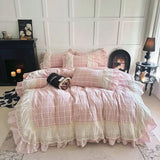 Yeknu Vintage French Plaid Lace Ruffles 100% Cotton Bedding Set Duvet Cover Set Bed Sheet/Bed Skirt/Fitted Sheet Pillowcases 4Pcs
