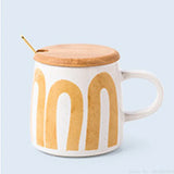Yeknu  1pc Creative Ceramic 320ml Mug Stainless Steel Spoon With Wooden Lid Home Tea Room Study Office Supplies Gift Milk Coffee Cup