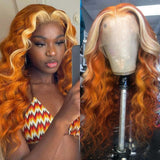 Yeknu  Ginger Wig with Blonde Highlights Wig Synthetic Lace Front Wig Loose Deep Long Curly Wavy Hair 13X4 Frontal Wigs for Women Party