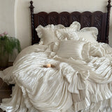 Yeknu  New Retro French Style 3D Oil Painting Floral Duvet Cover Set, Princess Ruffled 100% Cotton Dark Coffee Color 4-in-1 Bedding Set