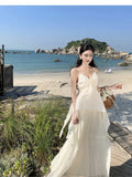 Yeknu  French Elegant White Suspender Dress Women Summer Sleeveless Seaside Holiday Style Beach Long Dress