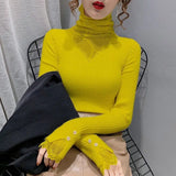 Yeknu  Women Clothing Hollow Lace Patchwork Turtleneck Sweaters Autumn Winter Fashion All-match Solid Knit Pullovers Office Lady Tops