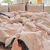 Yeknu  A-Class Wrinkled Yarn Lace Bedding Sets New Printing Skin-Friendly Cotton Soft Duvet Cover Kit Double Bed Summer Comforter Set
