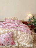 Yeknu  Vintage French Oil Painting Aesthetic 100% Long-staple Cotton Bedding Set – Princess Cotton Soft Sheets with Organza Lace Trim