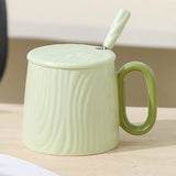 Yeknu  Chinese Style Ceramic vertical stripe Tea Mugs, Home Personal Office Creative With Cover Spoon Milk Water Coffee Cup, 320ml, 1Pc