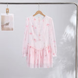 Elegant Printed Women's Dress Long Puffed Sleeve O-Neck Waist-Closed Lady Mini Dresses 2026 Summer Autumn Female Robe New