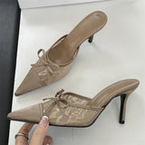 Yeknu  Elegant Mesh Fabric Butterfly-knot Pointed Toe Slippers Women Sexy Thin Heels Party Prom Mule Shoes