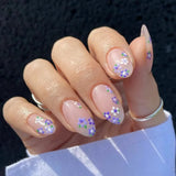 Yeknu  Short Glossy Oval Press-On Nails with French Glitter Tips Spring Flower Designs False Nail Tips for Women&Girls Manicure Look