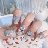 Yeknu  Gradient Blue Fake Nails with Flower Crystal Design Glitter Fake Nails for Lady Girls Christmas Gifts Artificial Nails Handmade