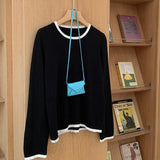 Yeknu  100% Cotton Women O-neck Color Blocking Long Sleeved Shirt Spring and Autumn Loose Fashionable Knitted Long Sleeves High Quality