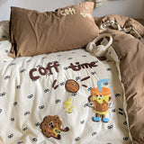 Yeknu Cartoon Animal Embroidery Bedding Set For Adults Kids Cute Flat Fitted Sheet With Pillowcases Washed Cotton Colorful Full Size