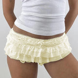 Yeknu  Y2k Cutest Ruffles Mesh Layers Bloomers Frilly Pants Fairy Tiered Lace Micro Shorts Bow Waistband Booty Shorts Women Streetwear