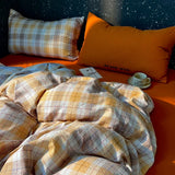 Yeknu High Quality Beauty Bedding Set Plaid Duvet Cover Bed Sheet Set With Pillowcases Adult Dormitory Queen Size Winter Home Decor