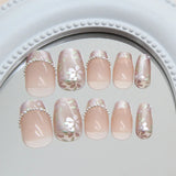 Yeknu  24pcs Short Square Press on Nails Floral Cat-Eye Full Coverage Nail Tips for Women&Girl Pearl French Removable Wearable Nail Art