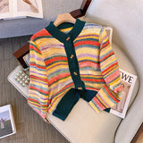 Yeknu  Women Rainbow Striped Cardigan Sweater Korean Style Long Sleeves Cashmere Sweater Vintage Knitwear Y2k 2000s Clothes Autumn