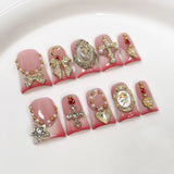 Yeknu  10pcs Duck Bill Press on Nails Nude Pink French Fake Nails Patch 3D Angel Flower Stick on Nails Metal Pearl Handmade False Nail
