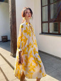 Yeknu  Three-quarter Sleeve Dresses Elegant Loose A-line Print Dress Women Summer Slim Gentle Stand-up Collar Floral Dress