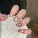 Yeknu 24Pcs Rainbow Color Glow Cat Eye Press on False Nails with Glue Glitter Short Square Nails Sweet Cool Gradient Summer Fake Nails