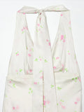 Yeknu  Floral Print Satin Halter Neck Maxi Dress Deep V-Neck Open Back Tie-Back Spring Summer Romantic Women Vacation Vestido