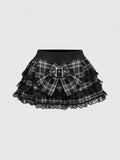 Yeknu  J-Fashion Y2K Gyaru Himekaji Harajuku Lolita Oversized Bowknot Low Waist Lace Frilled Plaid Mini Skirt For Women