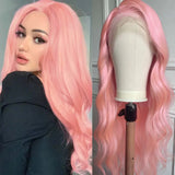 Yeknu  Light Pink Wig Long Wavy Synthetic Lace Front Wig Glueless Natural Body Wave Pink Colored Hair Lace Frontal Wigs for Women Party