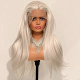 Yeknu  Platinum Blonde Long Wavy Natural Wave 13X4 Lace Front Wigs for Women Middle Part 60 Light Blonde Straight Daily Party Synthetic