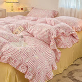 Yeknu 2025 Princess Style Bedding Sets Ruffle Lace Bow Quilt Cover Romantic Bedclothes Decor Woman Girls Bedroom Duvet Cover 4pcs