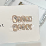 Yeknu  10Pcs Cat Eye Press on Nails Nude Color Short Square False Nails Zircon Snowflake Pearl Manicure Nail Glitter Diamond Fake Nails