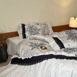 Yeknu  Vintage Floral Print Lace Ruffles 100% Cotton Double-layer Yarn Bedding Set Duvet Cover Flat/Fitted Bed Sheet Pillowcases 4Pcs