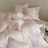 Yeknu  100% Cotton Pink Elegant Floral Embroidery Luxury Bedding Set Hidden zipper Duvet Cover Bed Sheet/Fitted Sheet Pillowcases 4Pcs