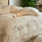 Yeknu Natural Cotton Linen Vintage French Flowers Embroidery Luxury Bedding Set Duvet Cover Flat/Fitted Bed Sheet Pillowcases 4Pcs