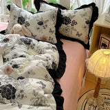 Yeknu  New French Lace Wash Quilt Cover Korean-style Romantic Herben-style Black Print Four-piece Set Skin Friendly Bedding Set