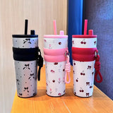 Yeknu  710ml Fashion Flower Stainless Steel 316 Vacuum Flask With Straw Leak-Proof Coffee Tea Cold Drink Car Thermos Mug Travel Tumbler