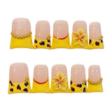Yeknu  10Pcs Duckbilled Yellow French Artificial Nails 3D White Flower Design Handmade Press on Nails Summer Wearable False Nail Tips