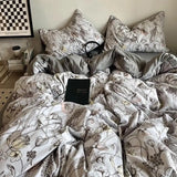Yeknu Korean Style Ins Retro Fresh Floral Washed Cotton Bed Four Piece Duvet Set, Student Dormitory Bed Sheet Three Piece Set