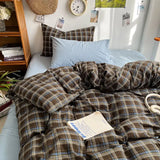 Yeknu  Bedding Set Ins Ambiance Blue Coffee Grid Mixed With Washed Cotton Minimalist Four Piece Set Fitted Sheets Duvet Cover
