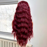 Yeknu  Burgundy Long Curly Wavy Red Wig Synthetic Middle Part Loose Deep Natural Wave 13X4 Wine Red Wigs for Women Daily Party Cosplay