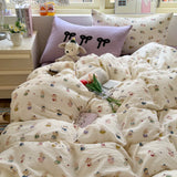 Yeknu Cartoon Bedding Set Ins Korean Towel Embroidery Bed Linen Flat Sheets Set 2 Pillowcases Twin Double Queen Size Duvet Cover Set