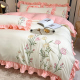 Yeknu Washed Cotton Embroidery Bedroom Four-piece Set Full Quilt Cover Princess Style Queen Bed Sheet King Bedding Three-piece Bedding