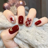Yeknu  10Pcs Red Christmas/NewYear Handmade Press on Nails Elegant Vibrant Checkerboard Fake Nail for Women&Grils Celebrations Nail Art