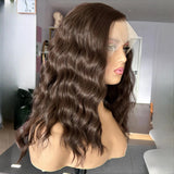 Yeknu  13X4 Chocolate Brown Short Curly Wavy Hair Synthetic Lace Front Wig Shoulder Length Deep Wave Brunette Brown Bob Wigs for Women